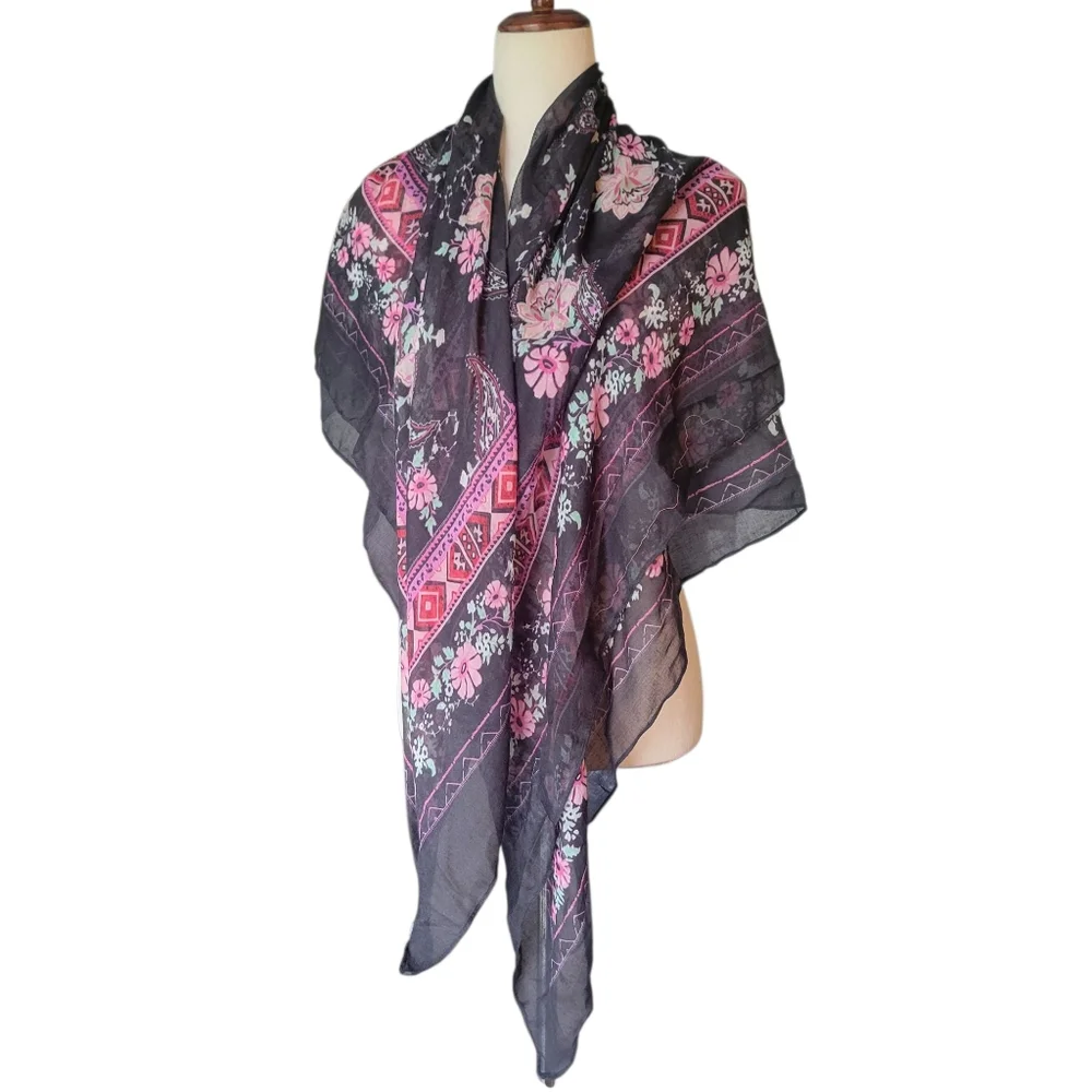 Steve Madden Wide Scarf Wrap Floral Black and Pink